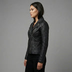 Women’s Black Zipper Moto Biker Jacket with Lip Collar Detail