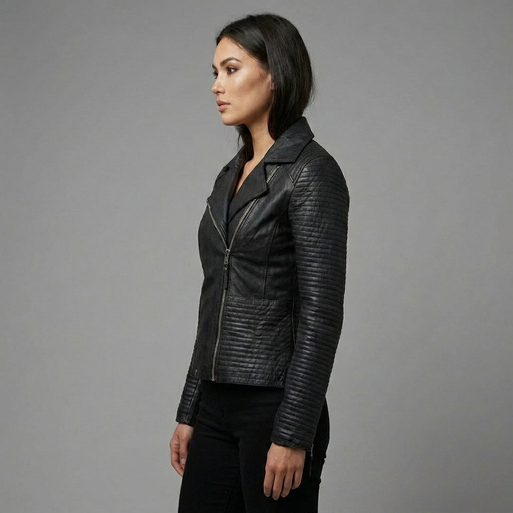 Women’s Black Zipper Moto Biker Jacket with Lip Collar Detail