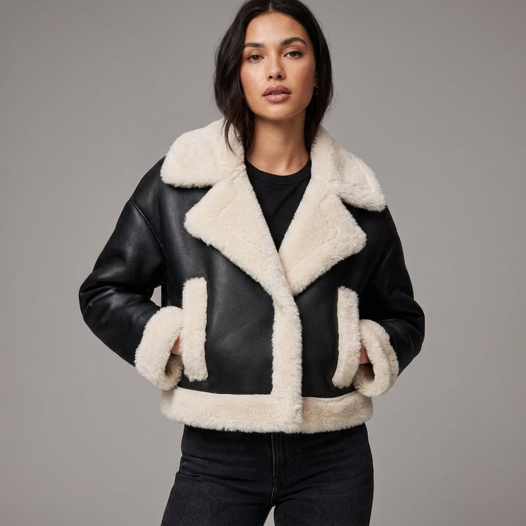 Women’s Black & Cream Shearling Biker Jacket