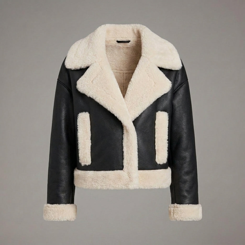 Women’s Black & Cream Shearling Biker Jacket