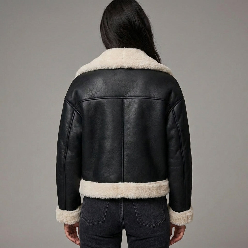 Women’s Black & Cream Shearling Biker Jacket