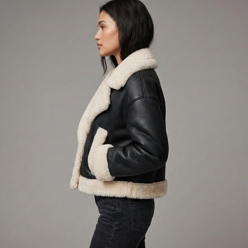 Women’s Black & Cream Shearling Biker Jacket
