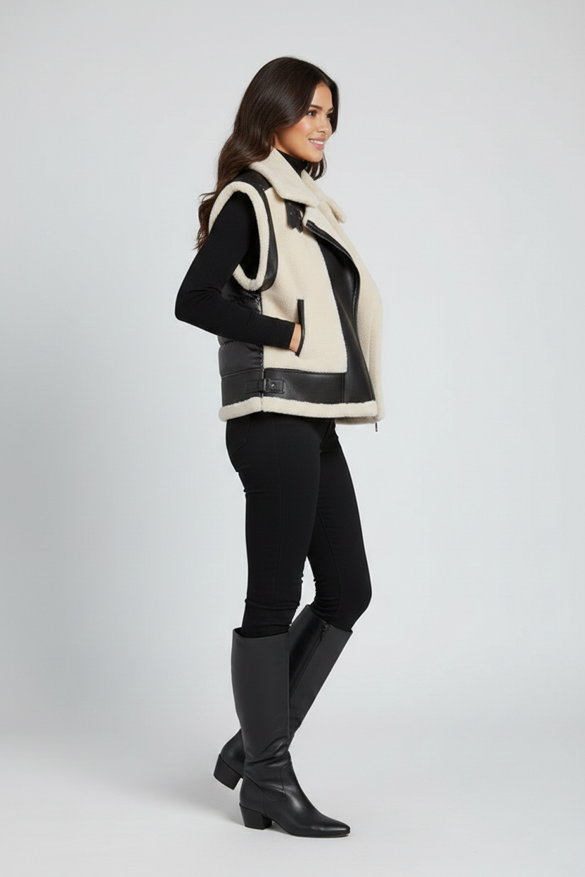 Women’s Black & Ivory Faux Shearling Leather Moto Vest