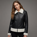 Women’s Black & White Shearling Bomber Leather Jacket
