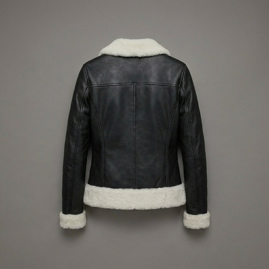 Women’s Black & White Shearling Bomber Leather Jacket