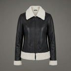 Women’s Black & White Shearling Bomber Leather Jacket
