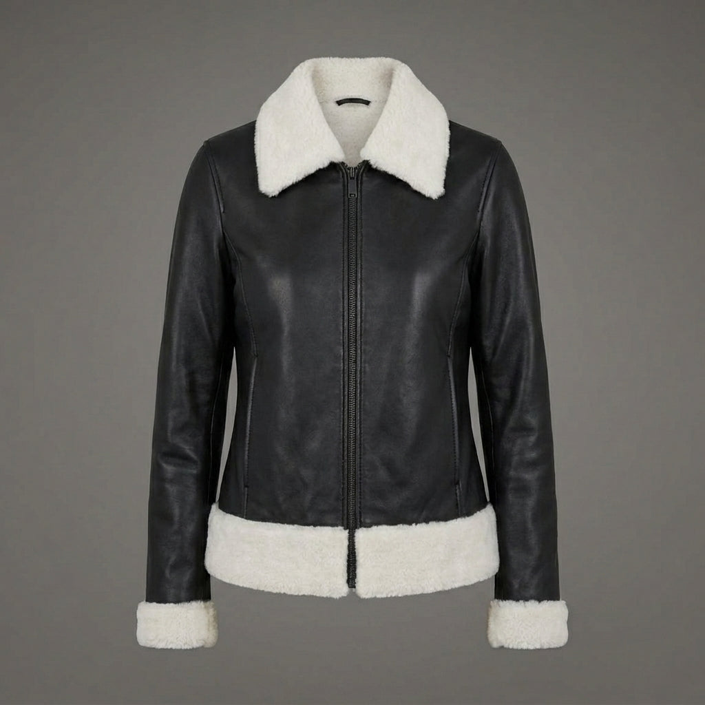 Women’s Black & White Shearling Bomber Leather Jacket