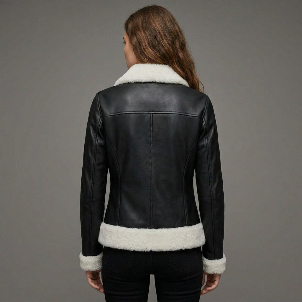 Women’s Black & White Shearling Bomber Leather Jacket