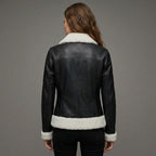 Women’s Black & White Shearling Bomber Leather Jacket