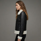 Women’s Black & White Shearling Bomber Leather Jacket