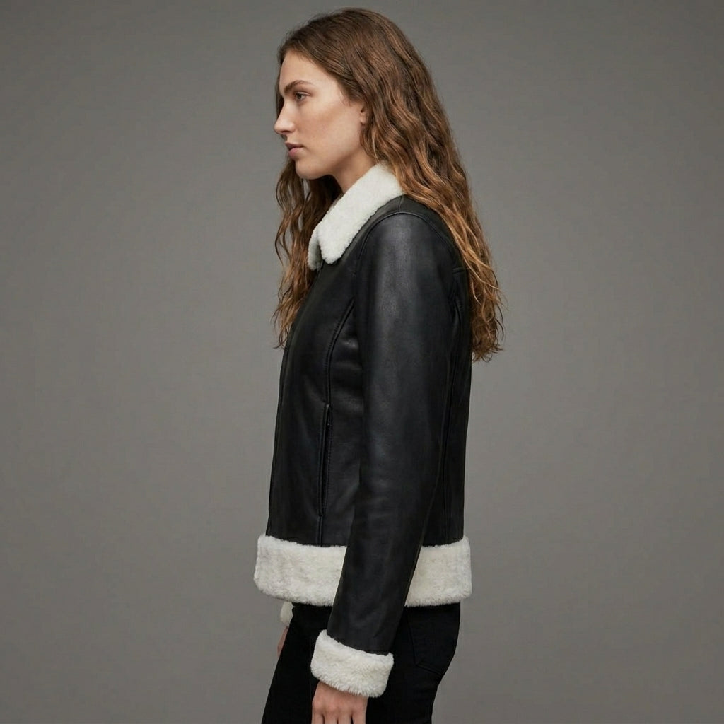 Women’s Black & White Shearling Bomber Leather Jacket