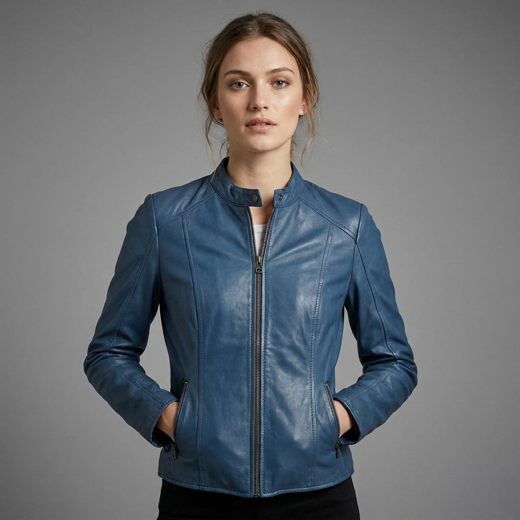 Women’s Blue Biker Leather Jacket