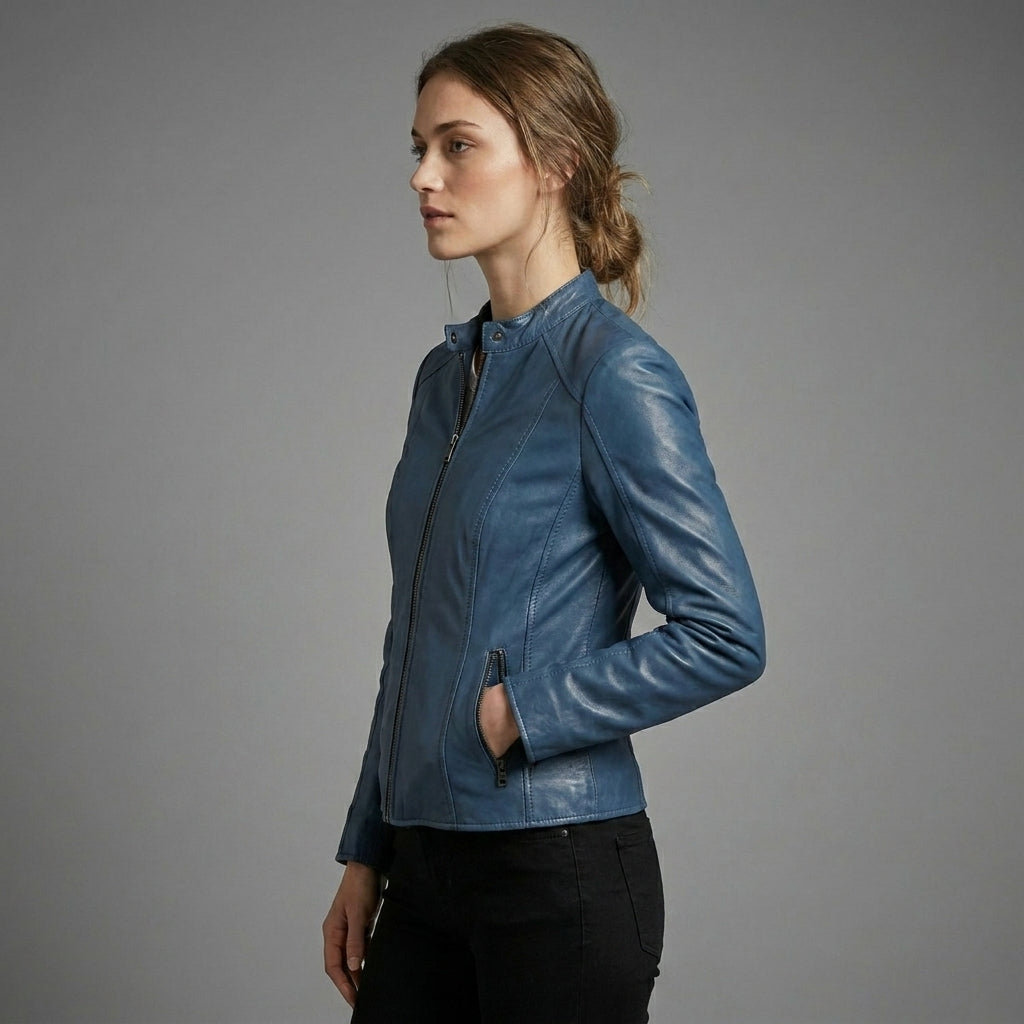Women’s Blue Biker Leather Jacket