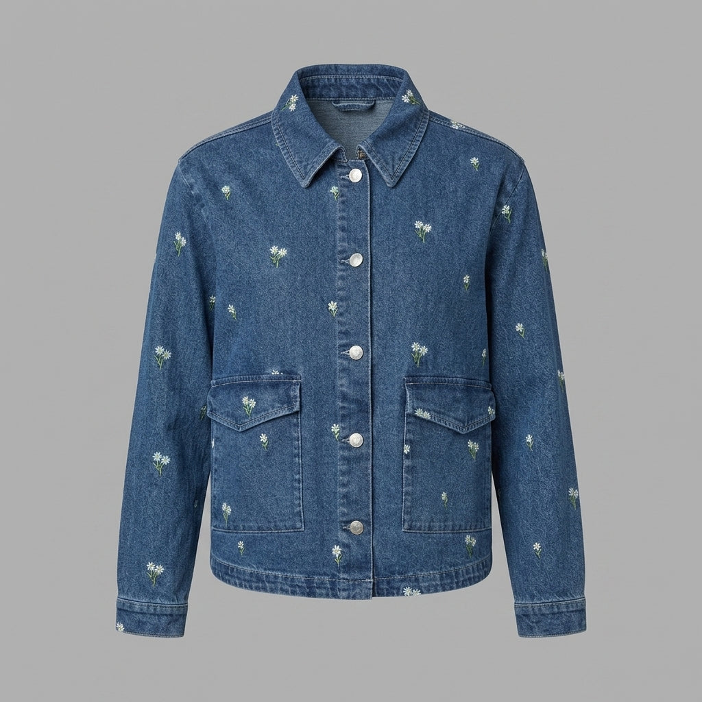 Women's Blue Bloom Embroidered Denim Shirt