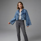 Women's Blue Cropped Wide Sleeve Denim Jacket