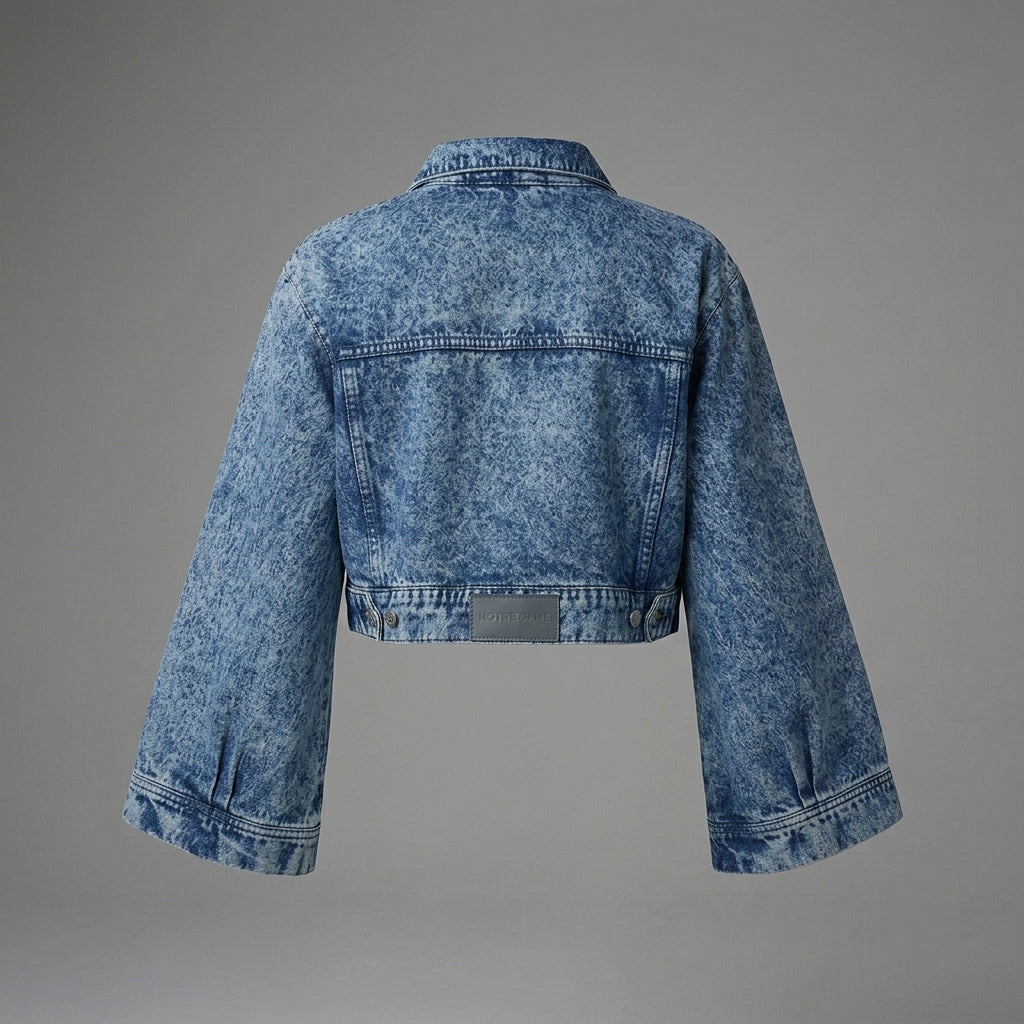 Women's Blue Cropped Wide Sleeve Denim Jacket