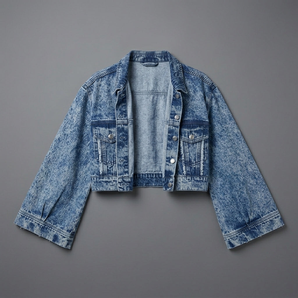 Women's Blue Cropped Wide Sleeve Denim Jacket