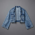 Women's Blue Cropped Wide Sleeve Denim Jacket