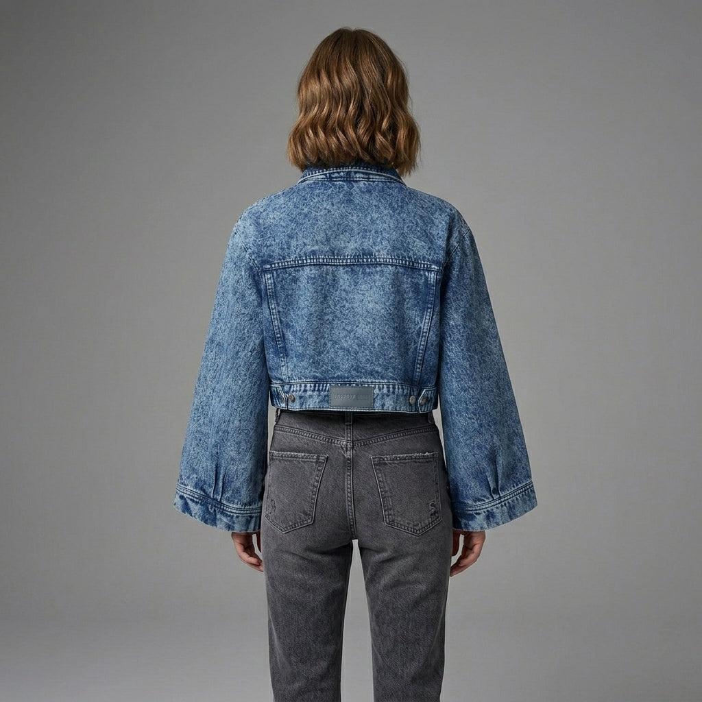 Women's Blue Cropped Wide Sleeve Denim Jacket