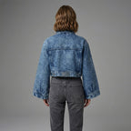 Women's Blue Cropped Wide Sleeve Denim Jacket