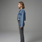 Women's Blue Cropped Wide Sleeve Denim Jacket