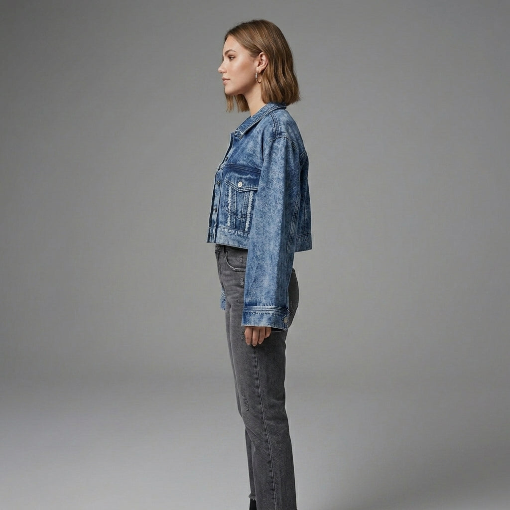 Women's Blue Cropped Wide Sleeve Denim Jacket