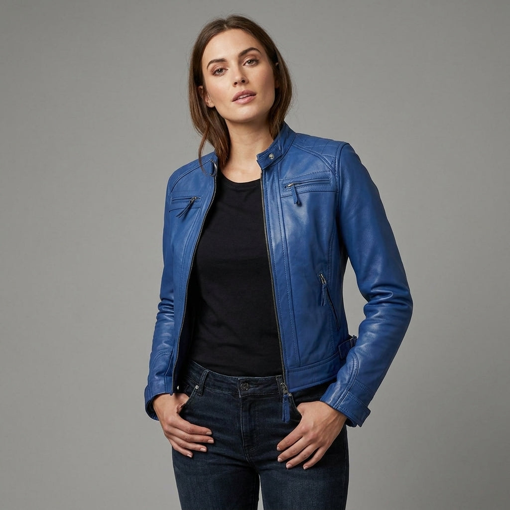 Women’s Blue Diamond Cafe Racer Leather Moto Jacket