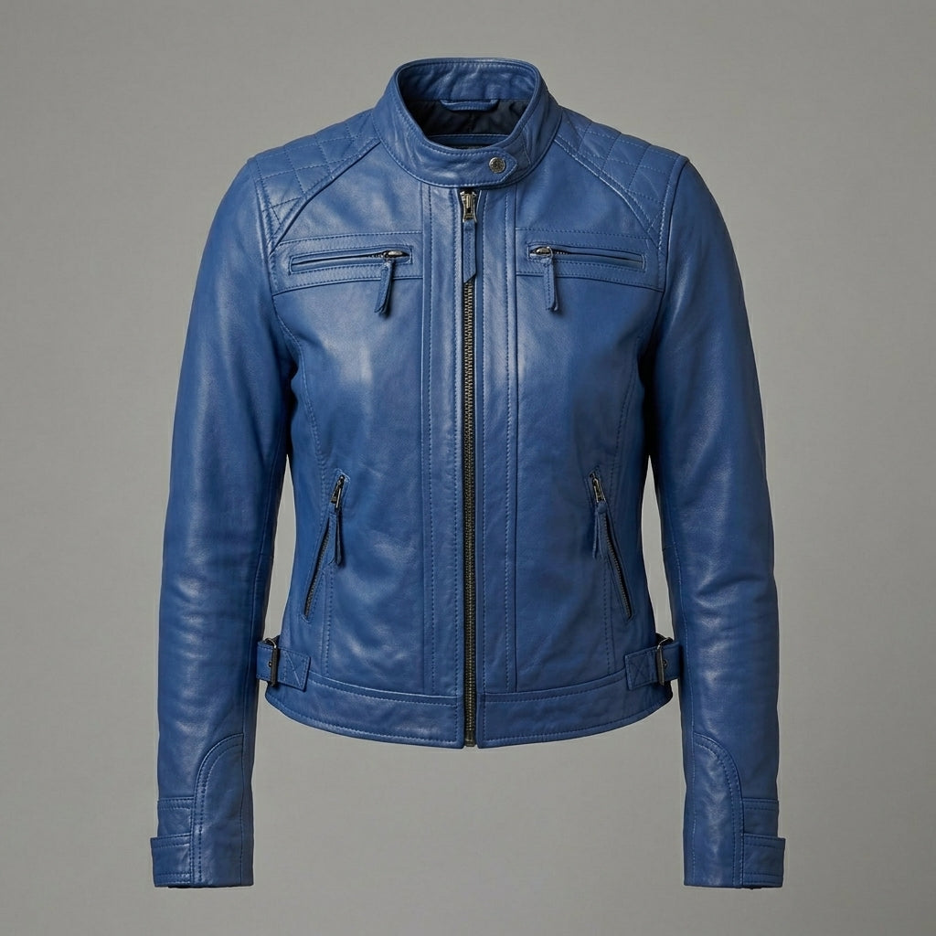 Women’s Blue Diamond Cafe Racer Leather Moto Jacket