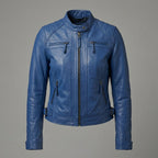 Women’s Blue Diamond Cafe Racer Leather Moto Jacket