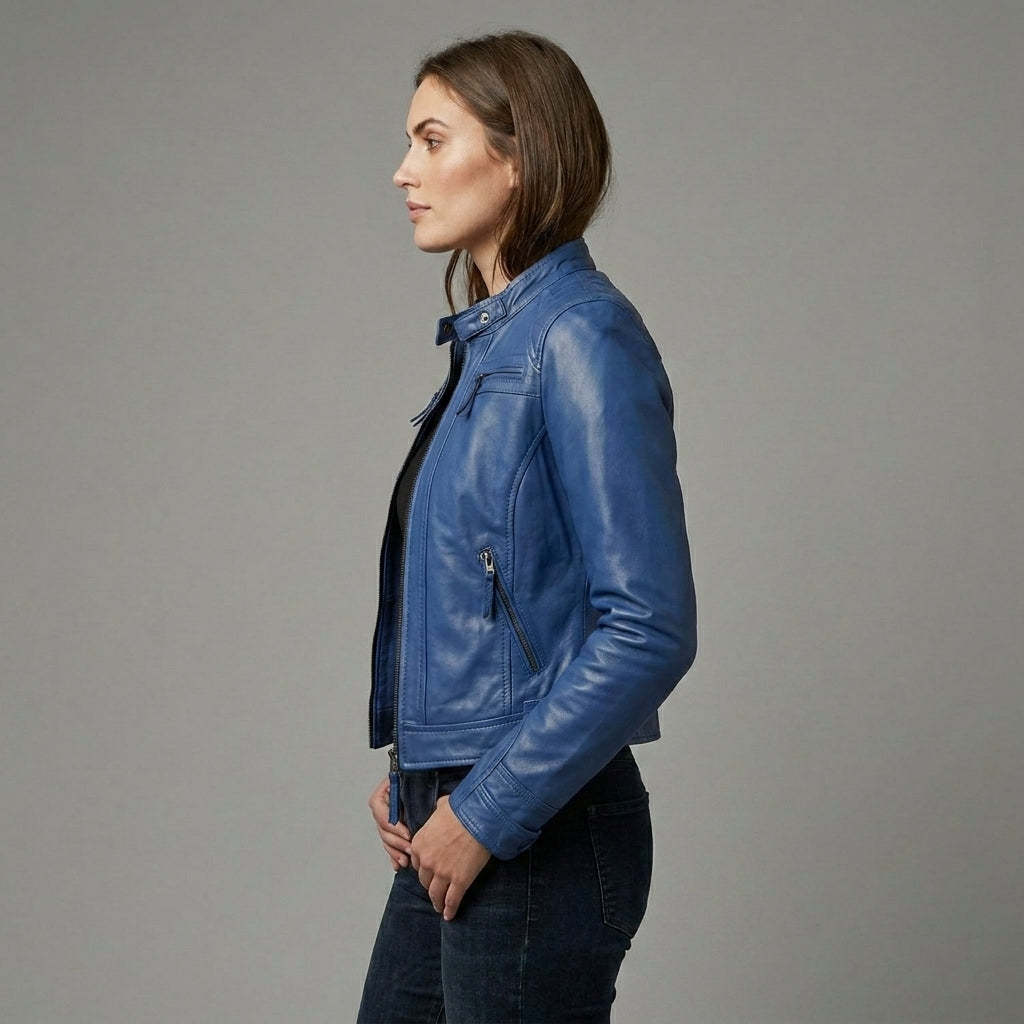 Women’s Blue Diamond Cafe Racer Leather Moto Jacket