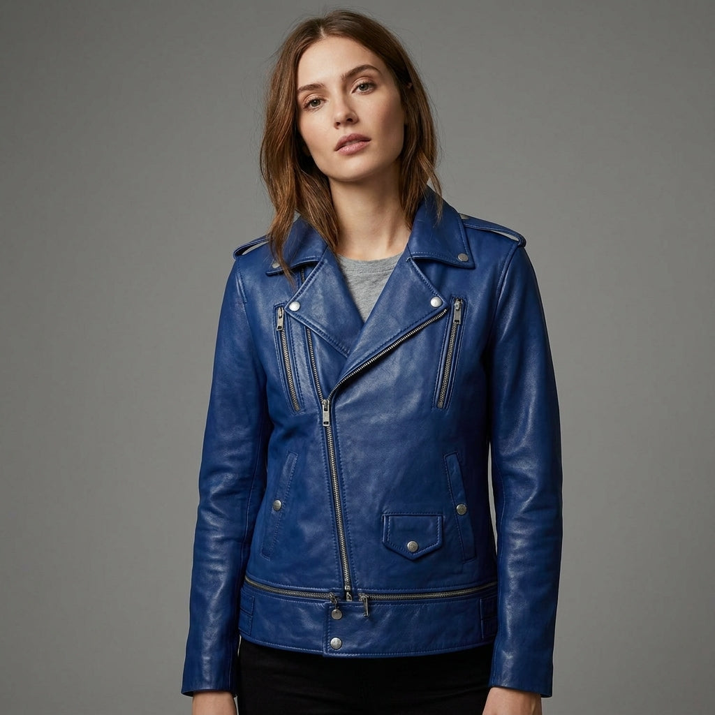 Women’s Blue Leather Biker Jacket