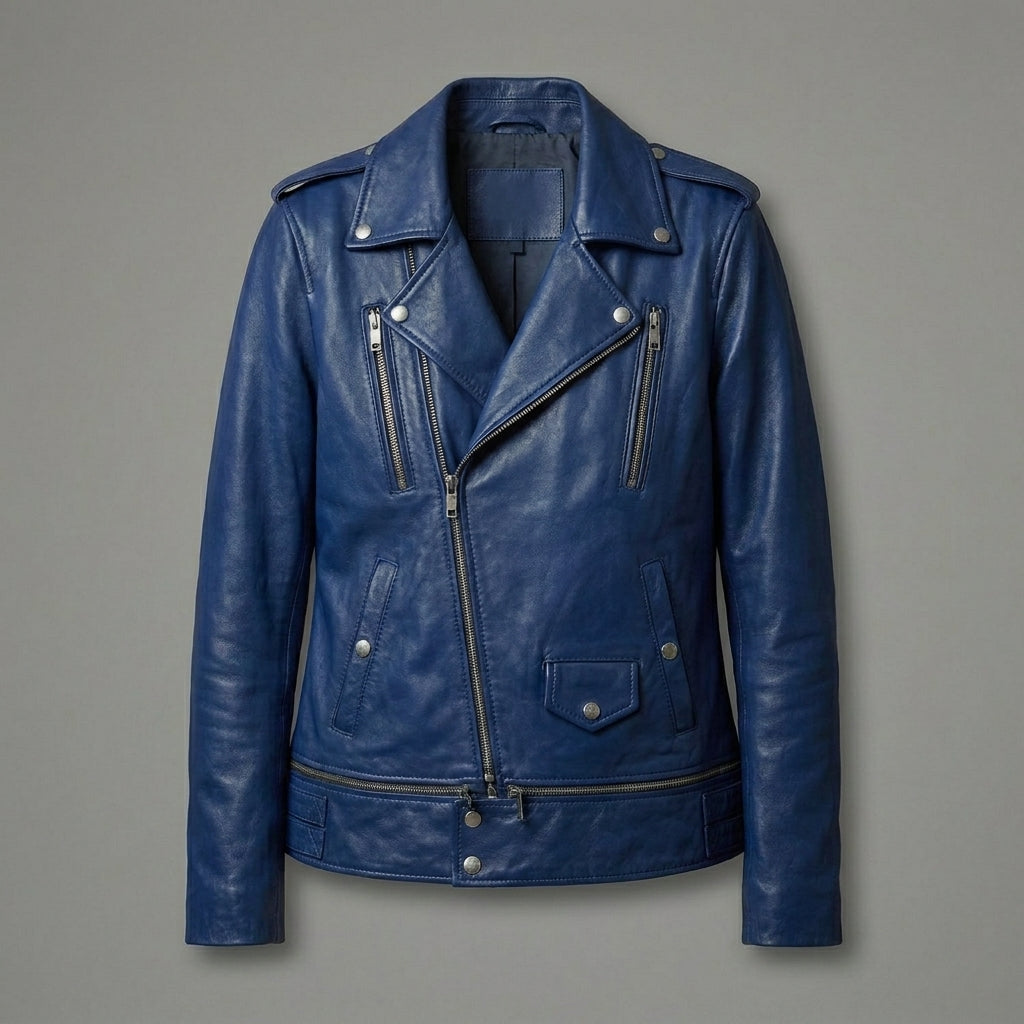 Women’s Blue Leather Biker Jacket