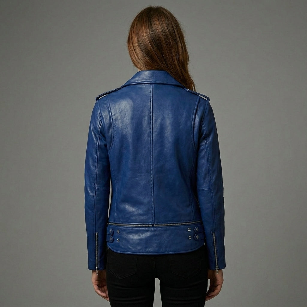 Women’s Blue Leather Biker Jacket