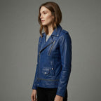 Women’s Blue Leather Biker Jacket
