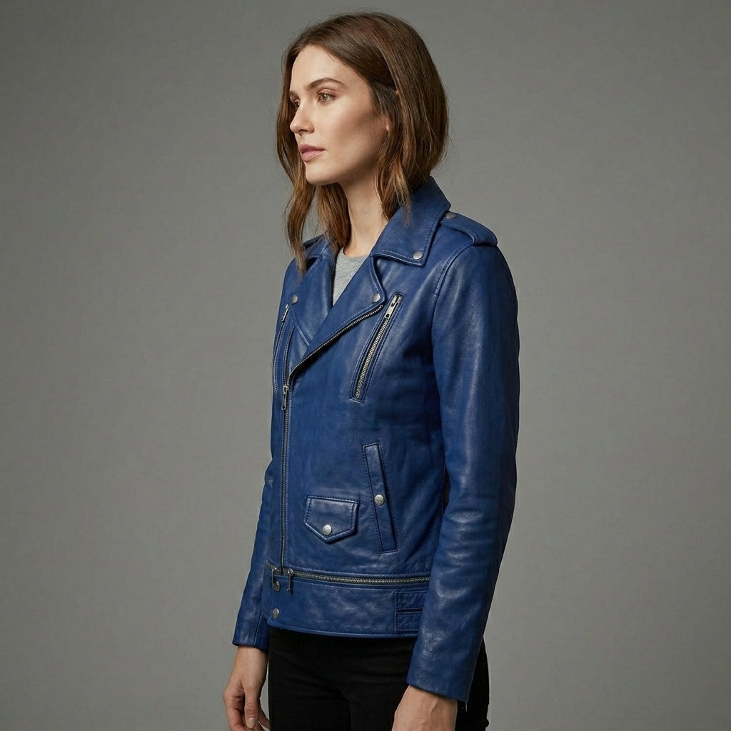 Women’s Blue Leather Biker Jacket