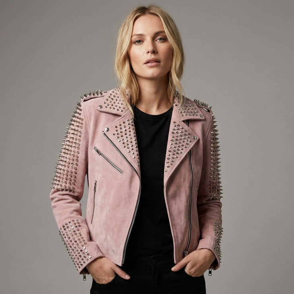 Women’s Blush Pink Studded Moto Leather Jacket