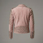 Women’s Blush Pink Studded Moto Leather Jacket
