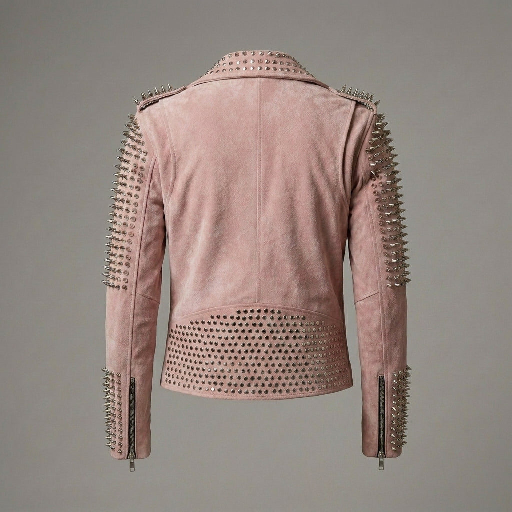 Women’s Blush Pink Studded Moto Leather Jacket
