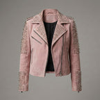 Women’s Blush Pink Studded Moto Leather Jacket