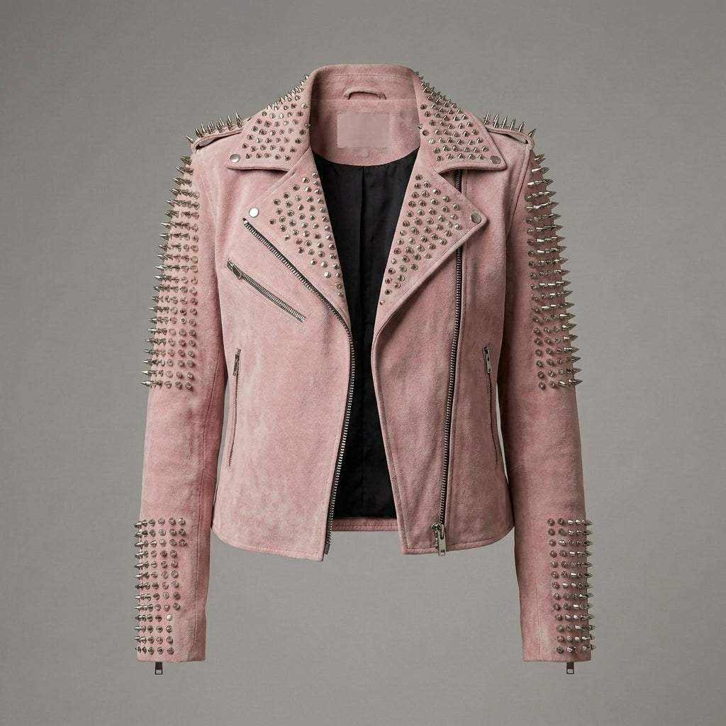Women’s Blush Pink Studded Moto Leather Jacket