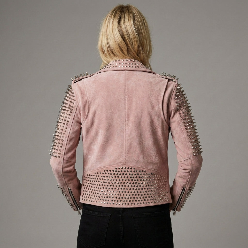 Women’s Blush Pink Studded Moto Leather Jacket