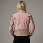 Women’s Blush Pink Studded Moto Leather Jacket