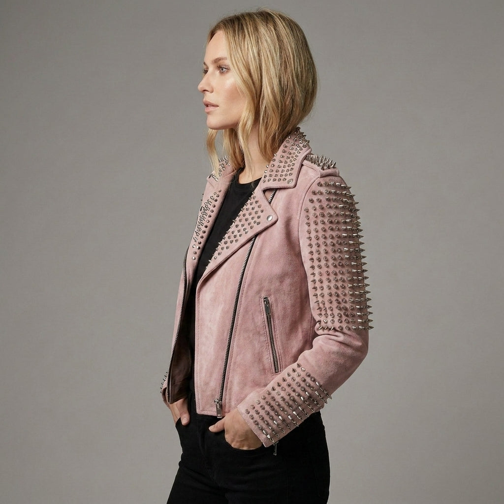 Women’s Blush Pink Studded Moto Leather Jacket
