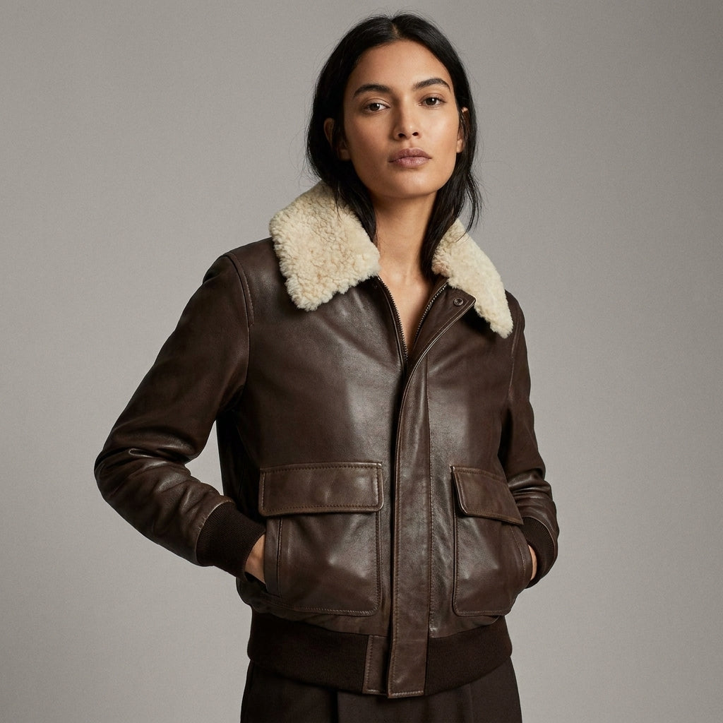 Women’s Brown Aviator Sherpa Shearling Leather Jacket