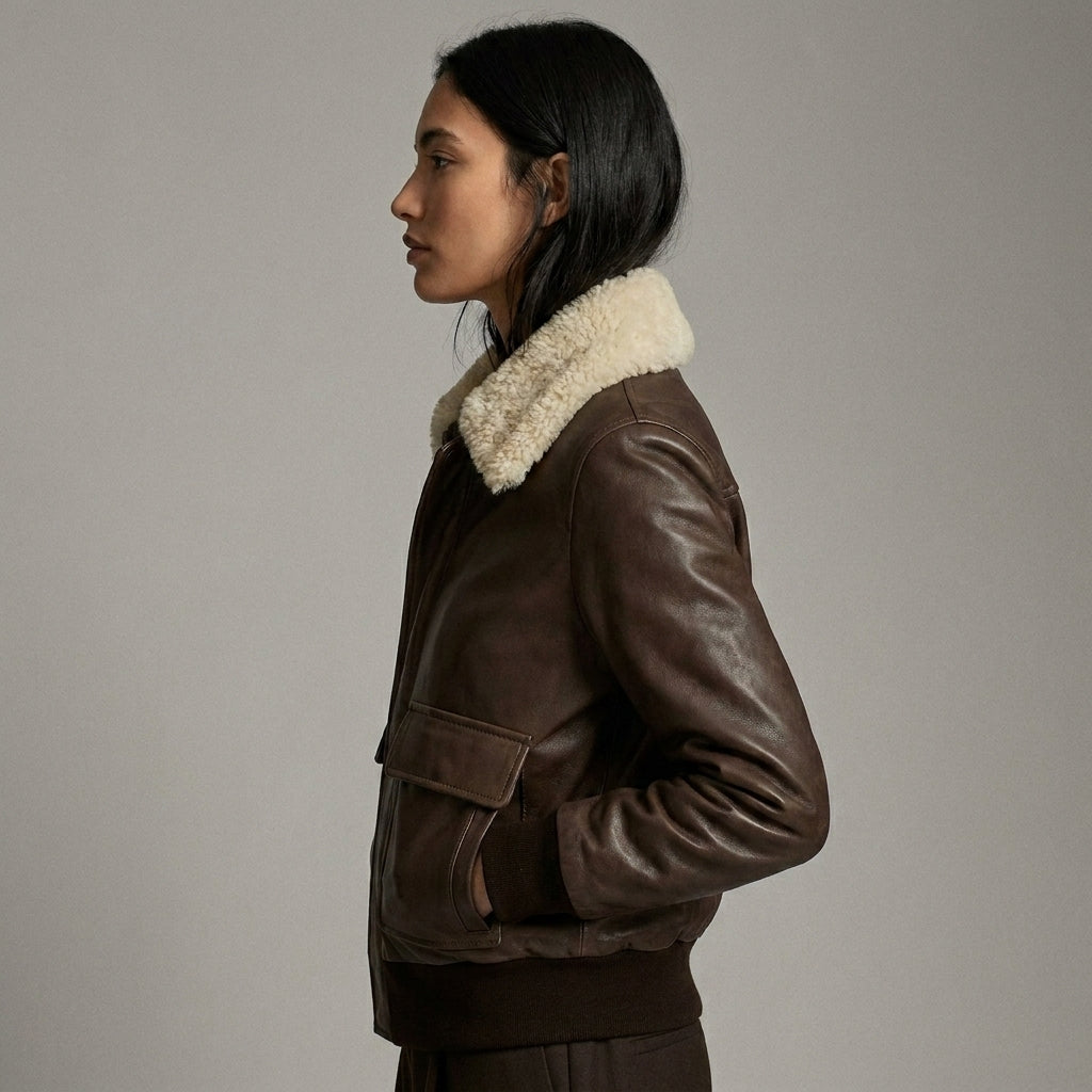 Women’s Brown Aviator Sherpa Shearling Leather Jacket