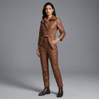 Women’s Brown Belted Leather Utility Jumpsuit