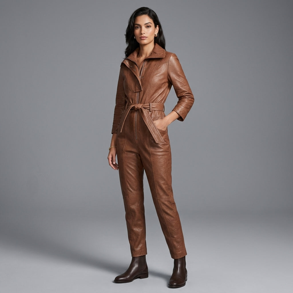 Women’s Brown Belted Leather Utility Jumpsuit