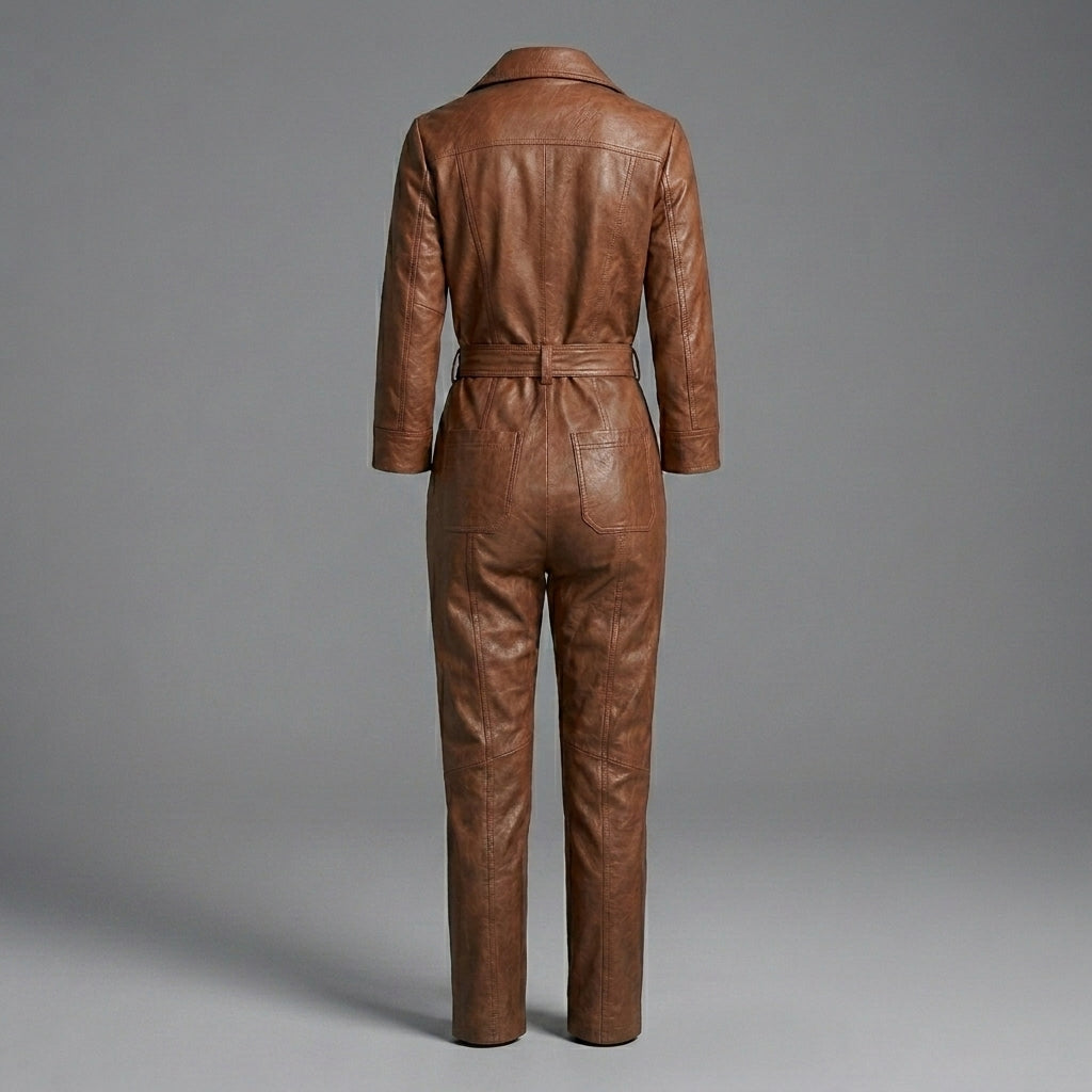 Women’s Brown Belted Leather Utility Jumpsuit