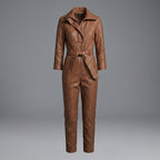 Women’s Brown Belted Leather Utility Jumpsuit