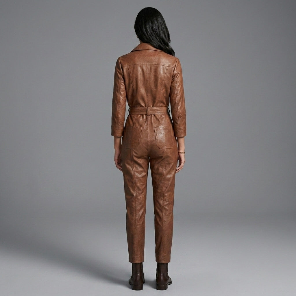 Women’s Brown Belted Leather Utility Jumpsuit